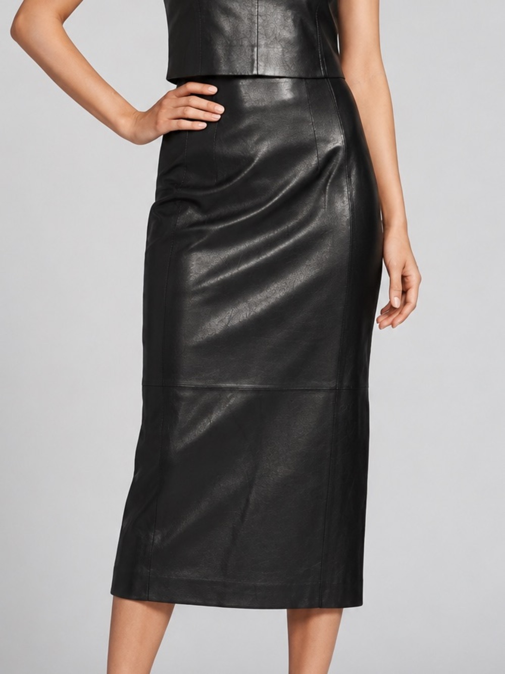 🆕🖤Antonio Melani Genuine Leather Midi Pencil Skirt Black Size 8 Luxury Classic